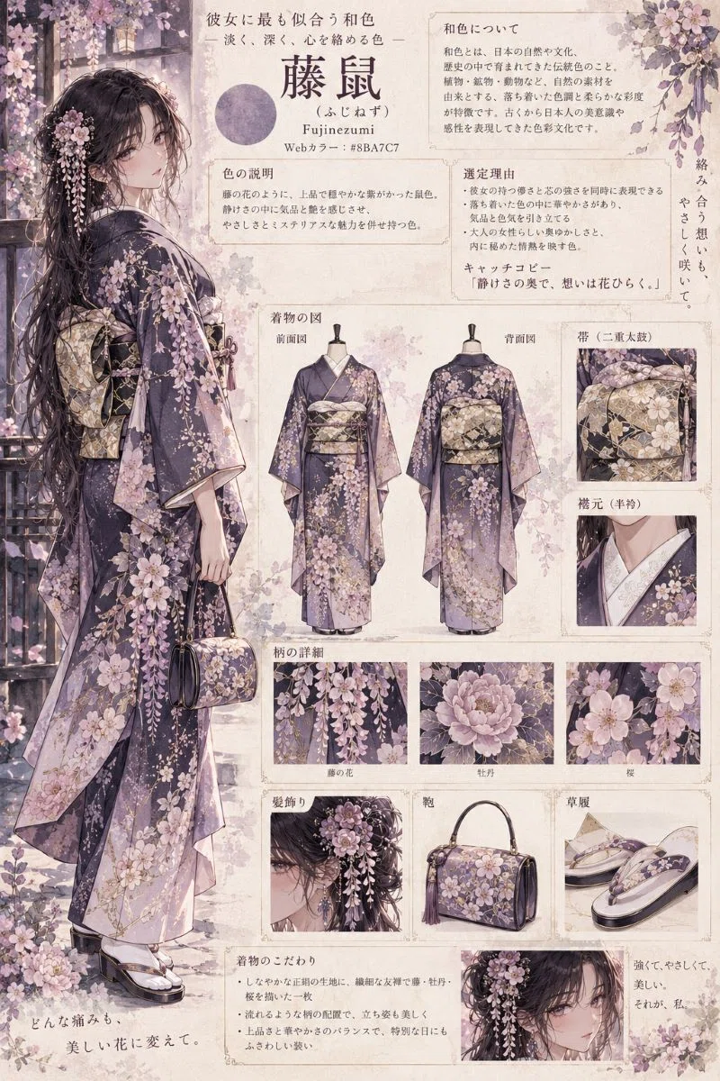 和色を指定して、キャラクターに着物やモダンガール風ワンピースを