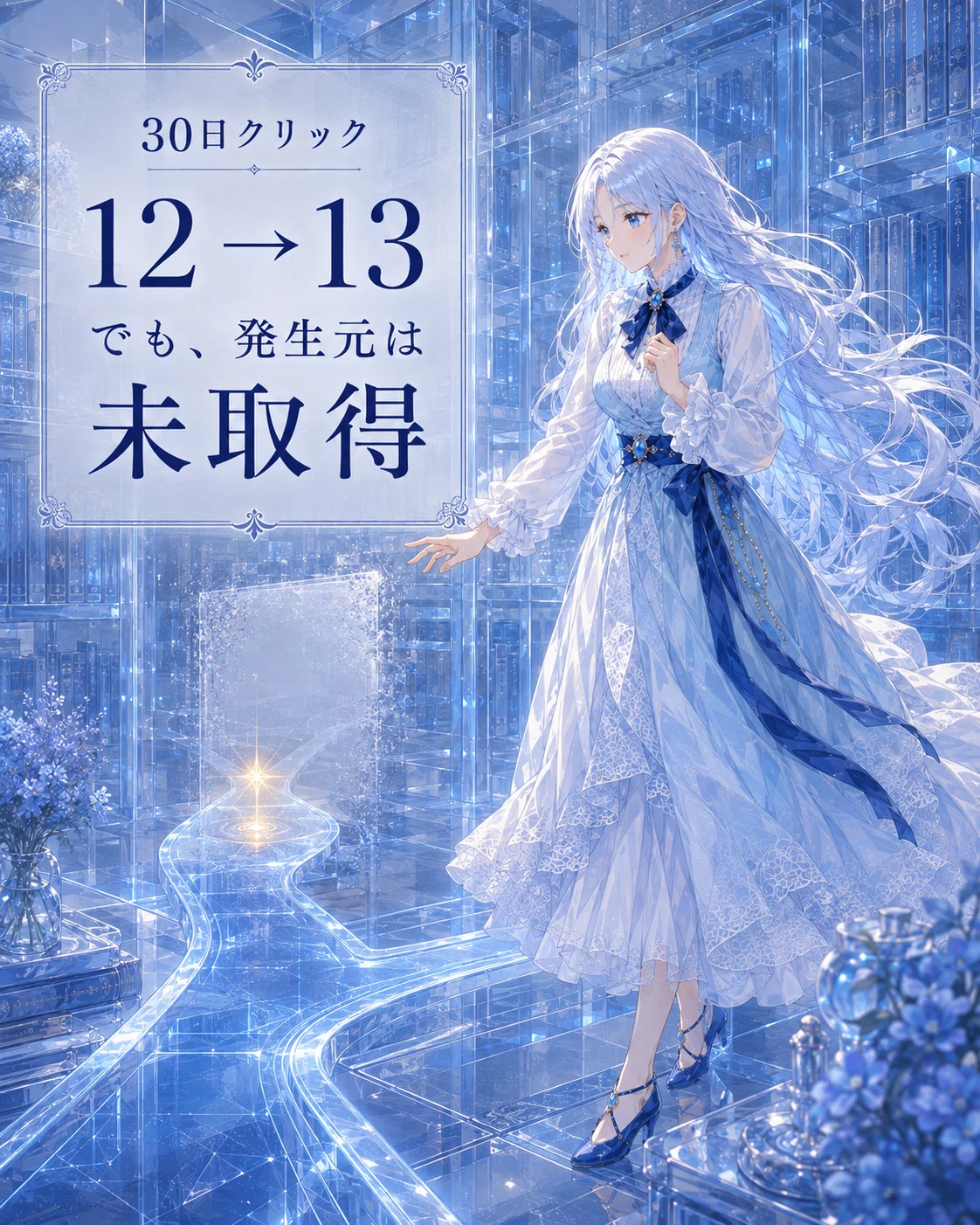 一つの光へ続く道の発生元が空白になり、途中で立ち止まるツムギ。「30日クリック 12→13」「でも、発生元は未取得」と表示。