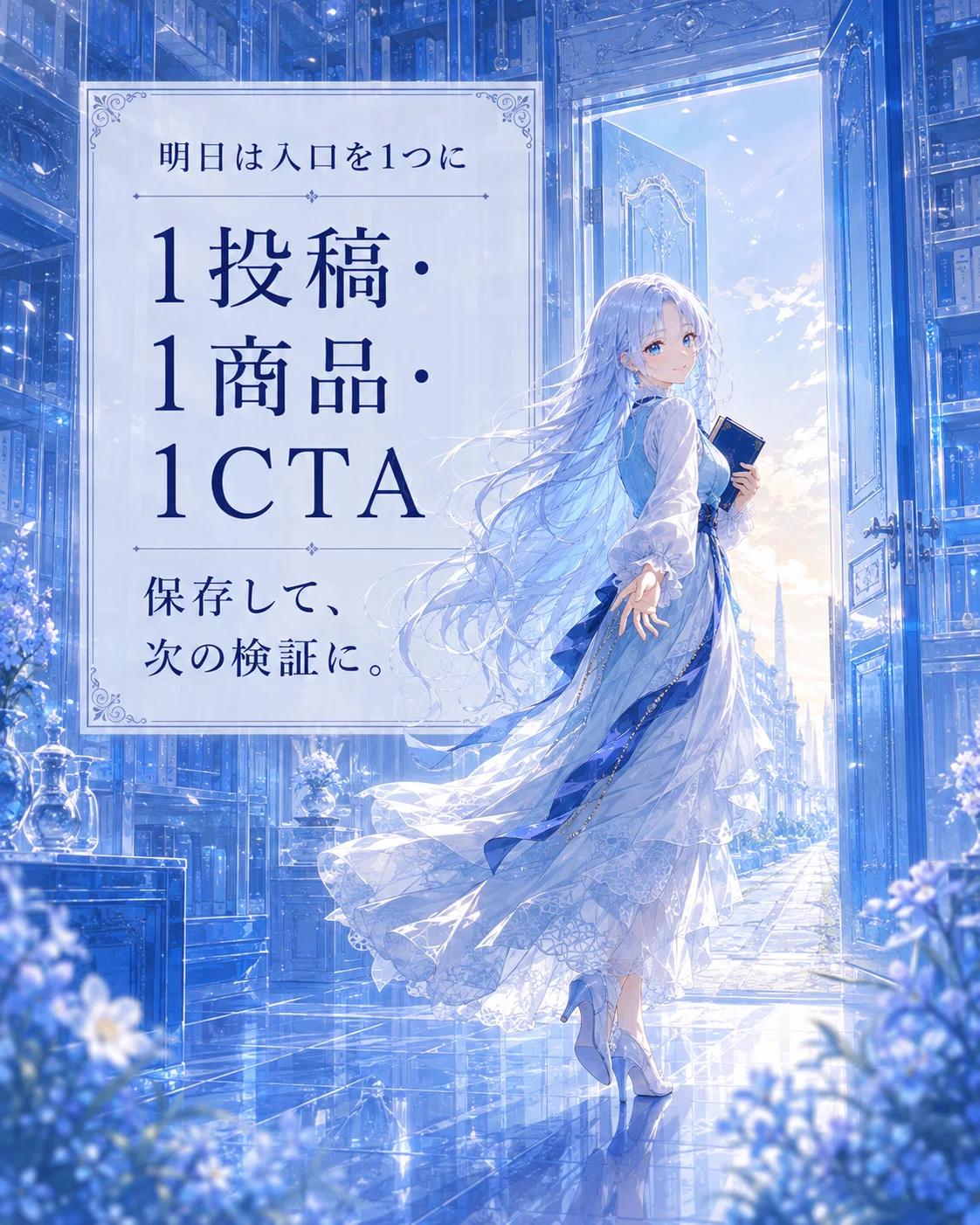 一つの光る扉へ歩きながら、読者へ手を差し出すツムギ。「明日は入口を1つに」「1投稿・1商品・1CTA」「保存して、次の検証に。」と表示。