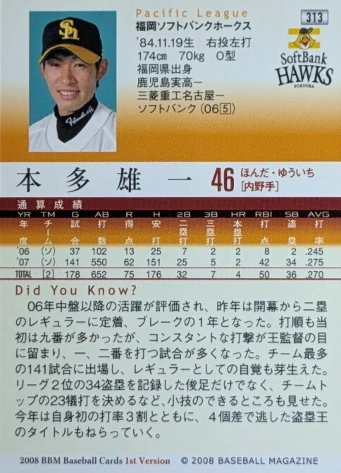 2008BMカード☆ホークス本多雄一（箔押しサイン）｜Card_collector