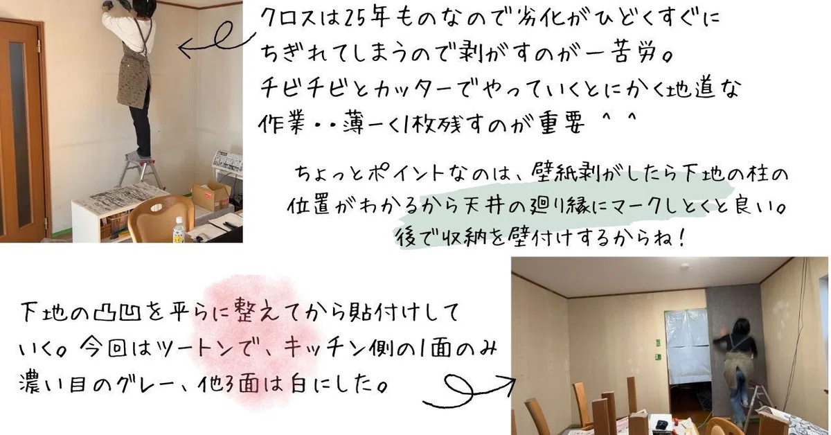 クロスは25年経ってるので劣化が酷くて剥がすのが一苦労。チビチビとカッターでめくっていく地道な作業。今回はツートンでキッチン側の一面のみ濃い目のグレー、他三面は白にした