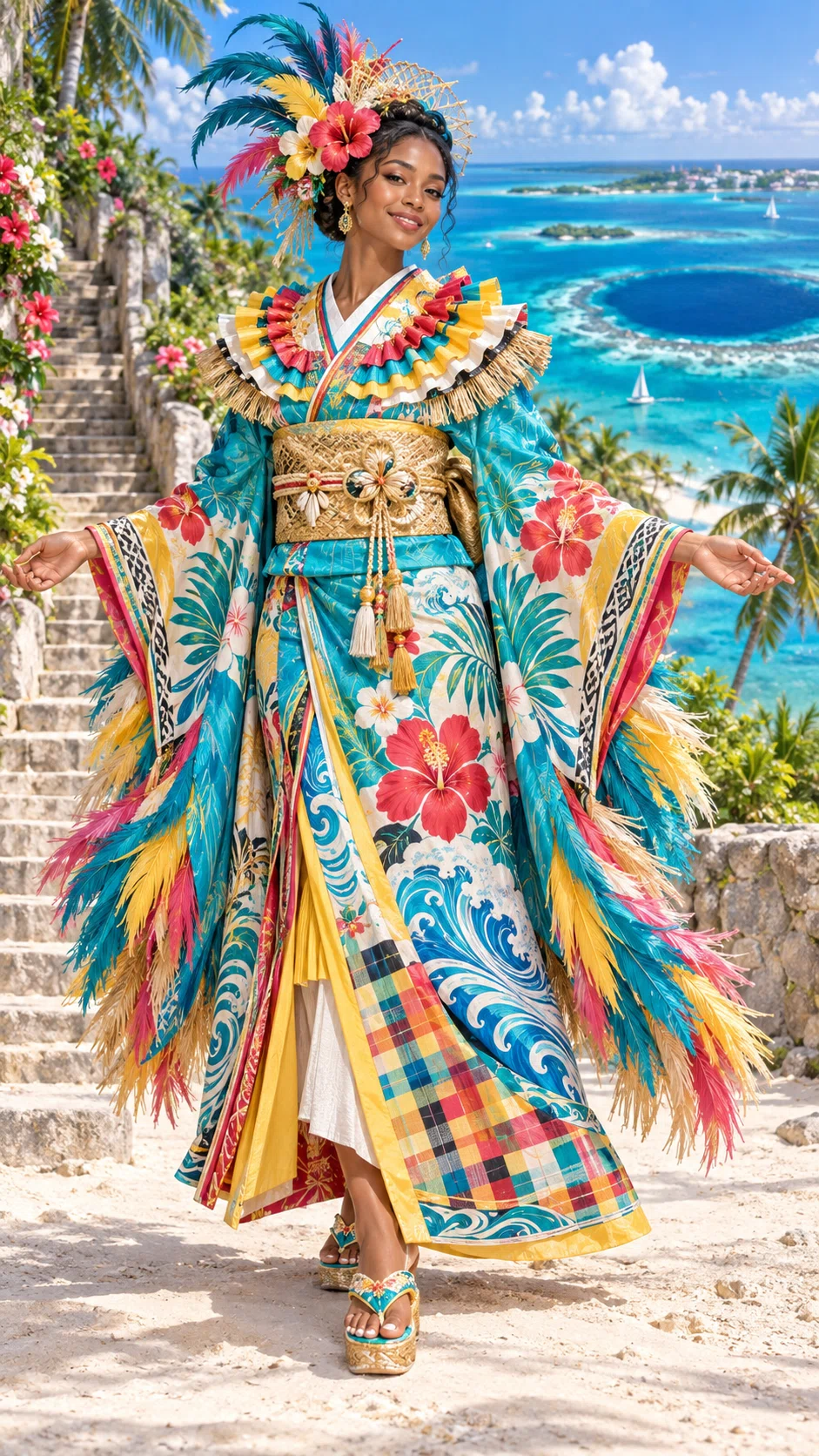 世界の民族衣装と日本の着物が出会う AIアート🇧🇸 バハマ編場 Bahamas