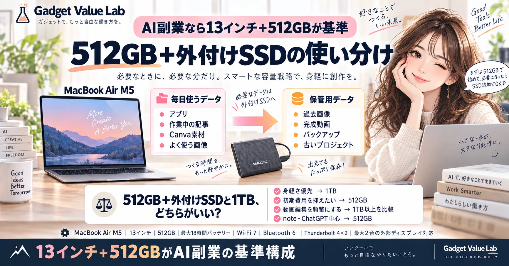 2026年9月最新】MacBook Air M5は512GBと1TBどっち？AI副業・note