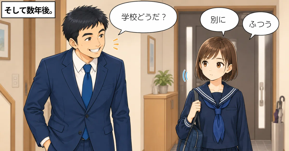 数年後の自宅玄関。中学生になった娘に、仕事へ向かうパパが笑顔で「学校どうだ？」と話しかける。学校バッグを持った娘は「別に」「ふつう」とそっけなく答えている。