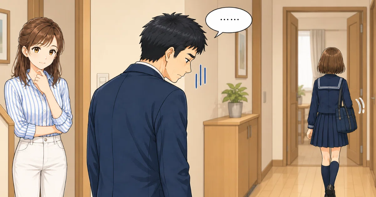 中学生の娘が学校へ向かったあと。パパは肩を落として無言でうつむいている。その様子をママが少し離れたところから見守っている。