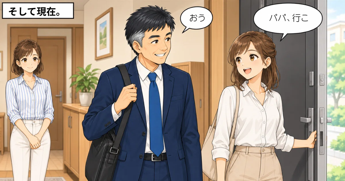 現在の自宅玄関。59歳になったパパと25歳の娘が二人で食事へ出かけようとしている。娘が笑顔で「パパ、行こ」、パパが「おう」と答え、ママが後ろから二人を見送っている。