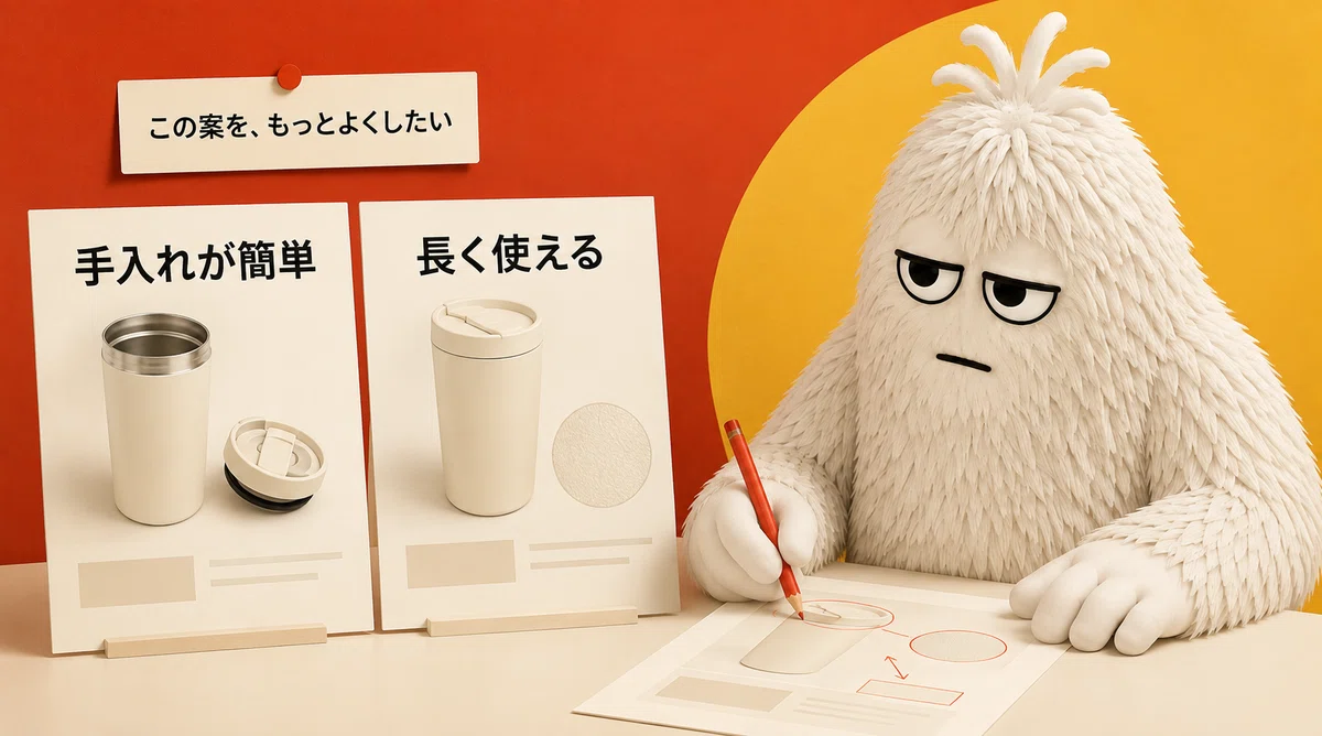 手入れが簡単と長く使えるの二つの試作品を見ながら、改善案を考えるイエティ。