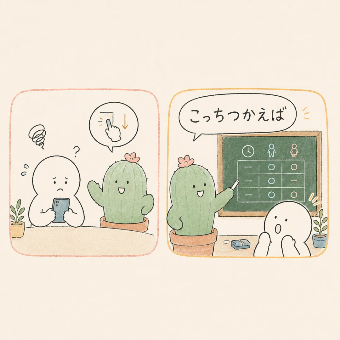 Meta Business Suiteという隣の黒板を指さして気づく場面