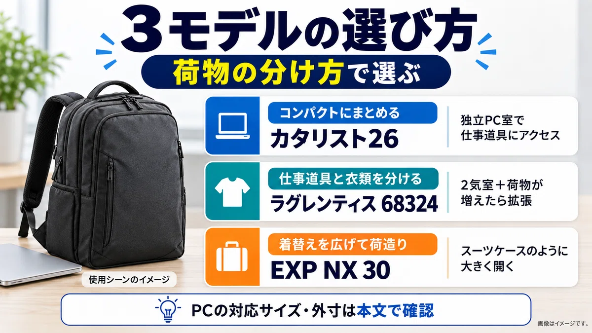 コンパクトにまとめたい人にはカタリスト26、仕事道具と衣類を分けて荷物の増加にも備えたい人にはラグレンティス68324、着替えを大きく広げて荷造りしたい人にはEXP NX 30と整理した比較画像。左側のリュックは使用シーンのイメージ。