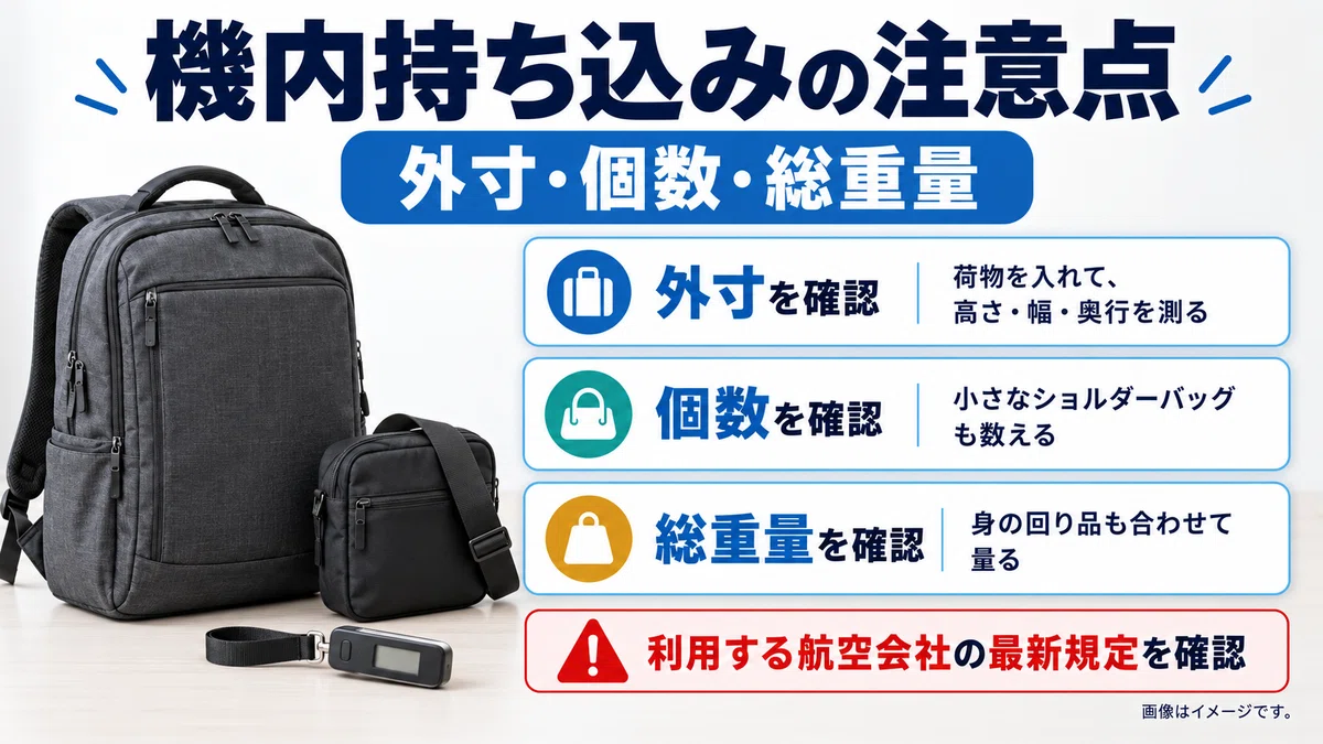 リュックとショルダーバッグ、携帯用はかりを添え、機内持ち込み前に確認する外寸・個数・総重量を整理した画像。荷物を入れた状態の高さ・幅・奥行と、身の回り品を含む個数・重さを、利用する航空会社の最新規定と照合する。