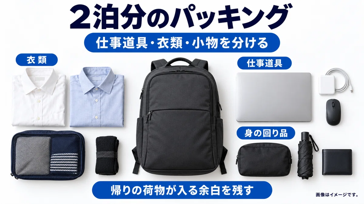 閉じた黒いリュックの周囲に、シャツと衣類用ポーチ、ノートPCと充電器、洗面ポーチや折りたたみ傘を分類して並べた2泊出張の荷物例。仕事道具・衣類・身の回り品を分け、帰りの荷物が入る余白を残すポイントを示している。
