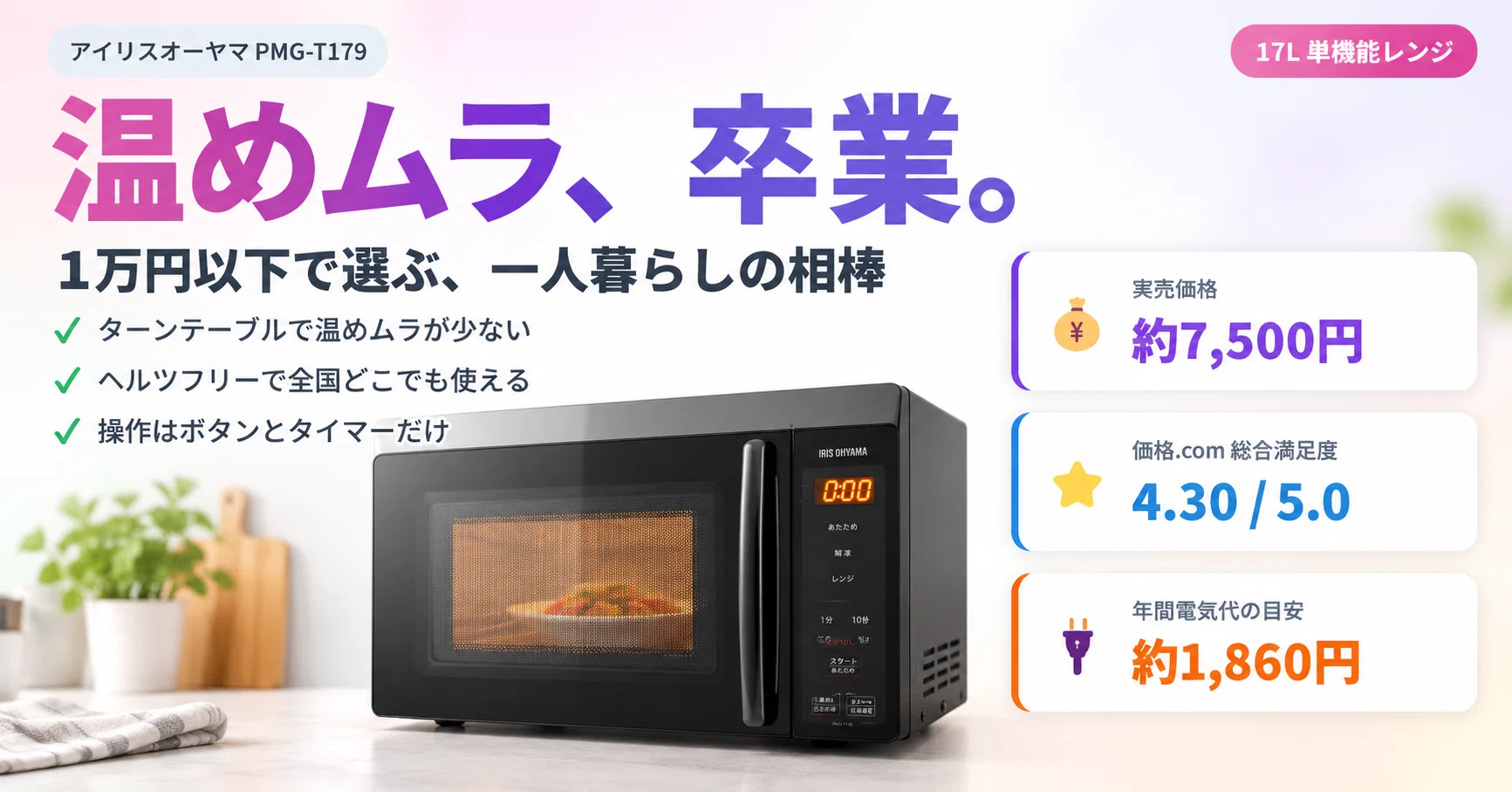 1万円以下なのに温めムラ知らず？アイリスオーヤマ電子レンジ17L PMG