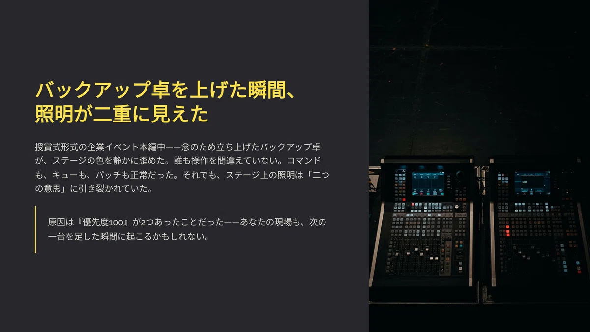 The moment I turned on the backup lighting console, the lights appeared ...