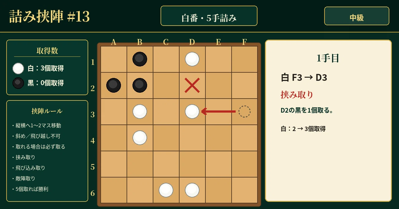 詰み挟陣 #13｜白番・5手詰み。似た2手のどちらを残す？【中級