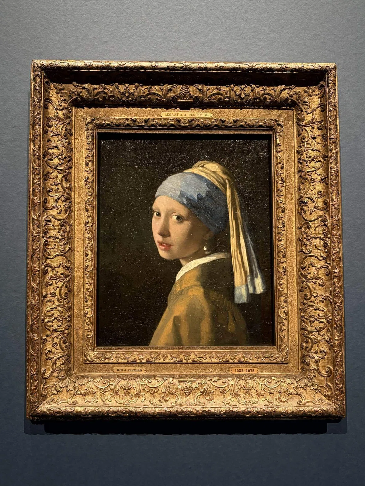 ヨハネス・フェルメール《真珠の耳飾りの少女》(1665年頃)。装飾の施された金色の額縁に収められ、青いターバンと真珠の耳飾りを身につけた少女が暗い背景から浮かび上がっている。