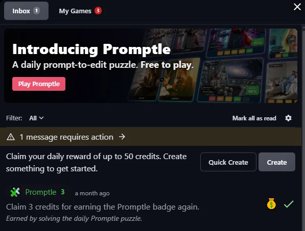 NightCafeのInbox画面のスクリーンショット。上部にゲーム「Promptle」の告知バナーがあり、その下に最大50クレジットを獲得できるログインボーナスの案内やバッジ獲得通知が表示されている。