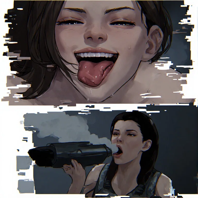上下分割の欧米のグラフィックノベル風デジタルイラスト。上段：汗を浮かべた黒髪の女性が、満面の笑みで舌を突き出している顔のアップ。下段：ミリタリー調のベストを着た女性が、手にした大型の機械ノズル（または銃身）の先端から溢れ出る白い煙を口で直接吸い込んでいる様子。画像の境界にはグリッチ・ノイズ風のエフェクトが施されている。