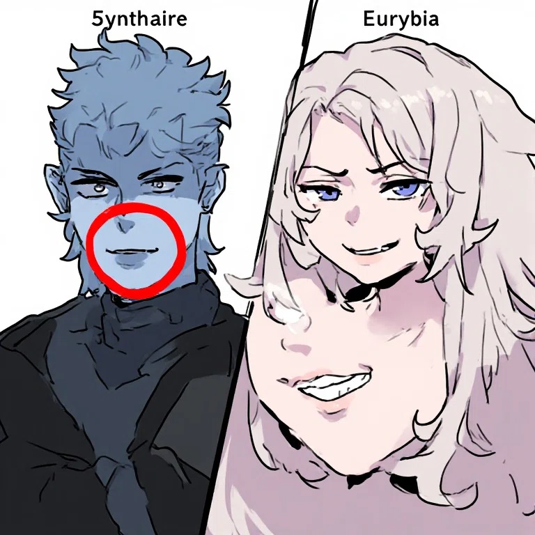 「5ynthaire」と「Eurybia」という名前がそれぞれ頭上に書かれた、2人のアニメ調のキャラクターが並んだイラスト。左側の「5ynthaire」は青い肌と青く逆立った髪の人物で黒い服を着ており、わずかに微笑むような口元が赤い丸で囲まれて強調されている。右側の「Eurybia」は色白で長くふんわりとした白髪の人物で、紫色の瞳でニヒルな微笑みを浮かべている。「Eurybia」の顎の下から首元にかけて口元がアップになっていて、大きくニヤリと笑う口と鼻の輪郭が大きく描かれている。