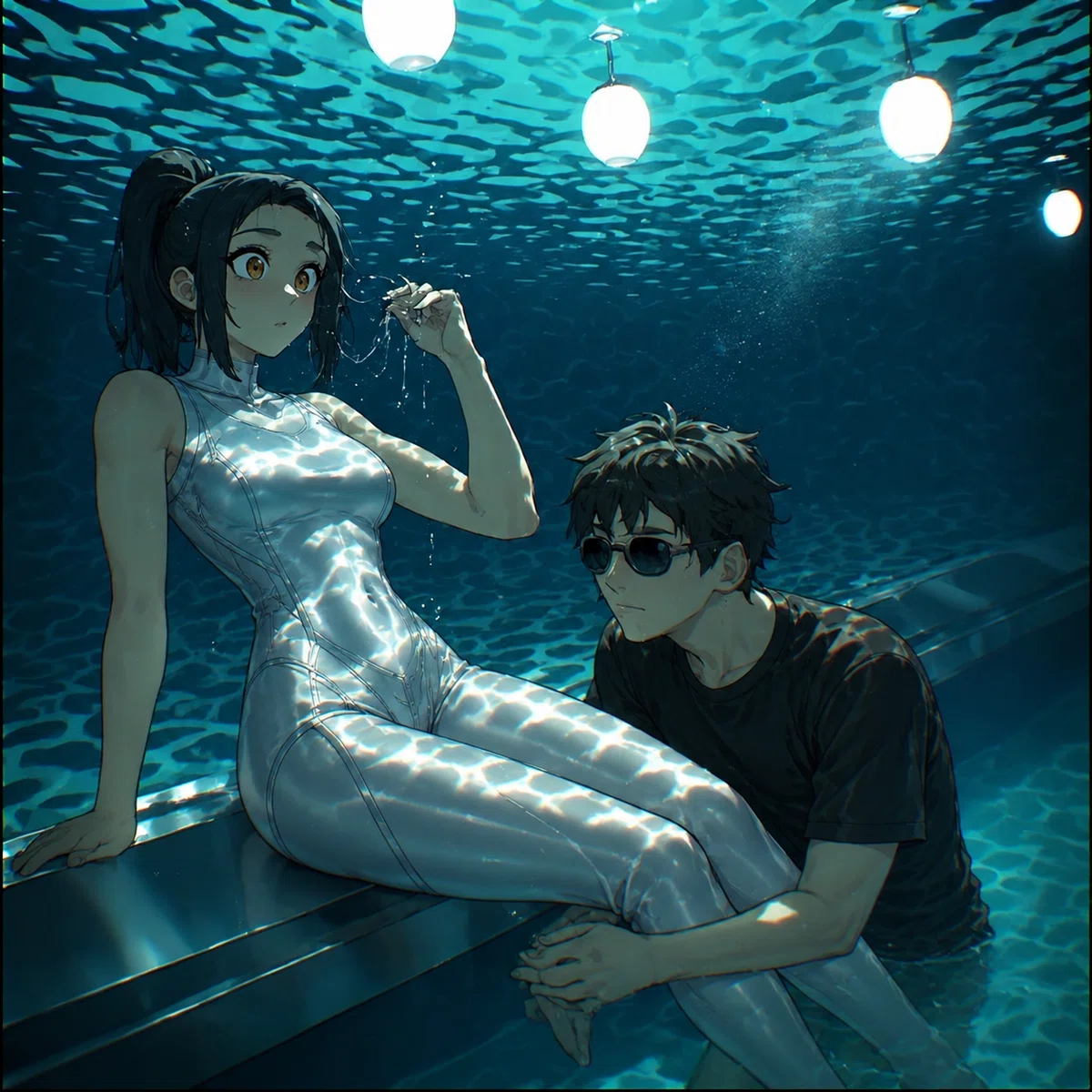 ゆらめく青い水中に沈むプールサイドで、光沢のある白いフルボディスーツを着たポニーテールの女性が縁に腰掛け、どこか驚いたような表情で佇んでいる。隣には黒Tシャツとサングラスを身につけた黒髪の男性が水中に浸かり、彼女の膝に手を添えながら真剣な眼差しを向けている。天井からは球状のホワイト照明が吊り下がり、水面からの光の屈折（波光）が二人の体や水底に美しく投影されている幻想的なアニメ風イラスト。