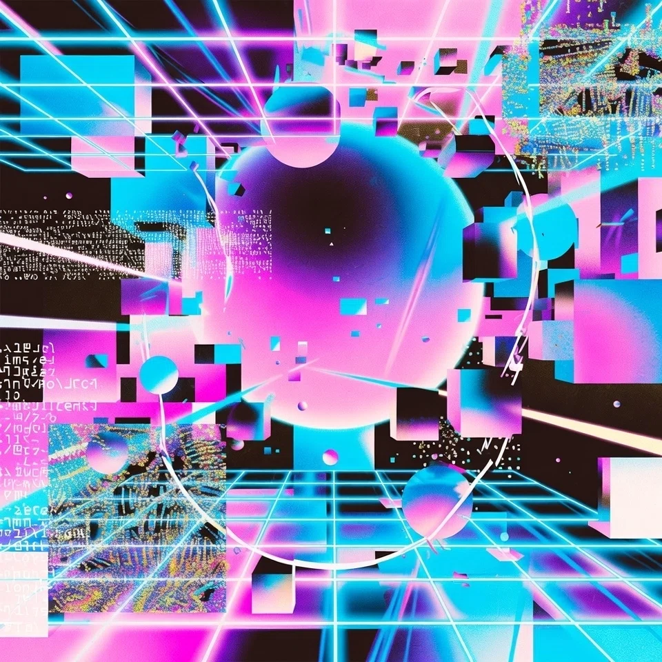 デジタル空間を表現したレトロフューチャー調のアート。中央にはピンクとブルーのグラデーションを持つ大きな球体が浮かび、その周囲にはネオンカラーの3Dキューブ、交差するグリッド線、そしてコードの文字化けのようなグリッチエフェクトが散りばめられている。