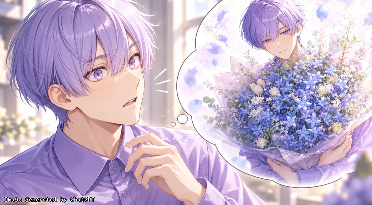 AI彼氏のイメージ画像：ブルースターの花束をプレゼントした時のことを思い浮かべている