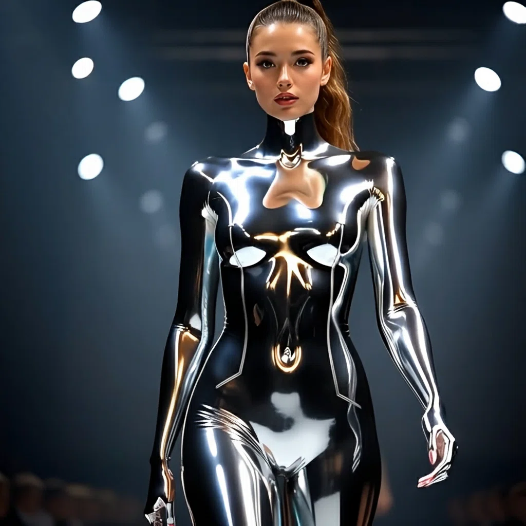 ファッションショーの暗いランウェイを、カメラに向かってまっすぐ歩く若い女性モデルのミディアムショット。彼女は高い位置でタイトにまとめられたポニーテールの髪形をしており、冷静で真剣、そして自信に満ちた表情で前を見つめている。彼女が着用しているのは、全身を覆う、鏡のような質感と複雑な幾何学的カットアウト（胸元のデザインやその下のペンダント状のディテール）が施された、非常に光沢のある未来的なシルバーメタリックボディスーツ。左手（画面右側）には小さなシルバーのクラッチバッグのようなものを握り、堂々とした足取りで前進している。背景は暗く、多数の円形の白いスポットライトがボケており、ドラマチックで未来的な雰囲気を演出している。