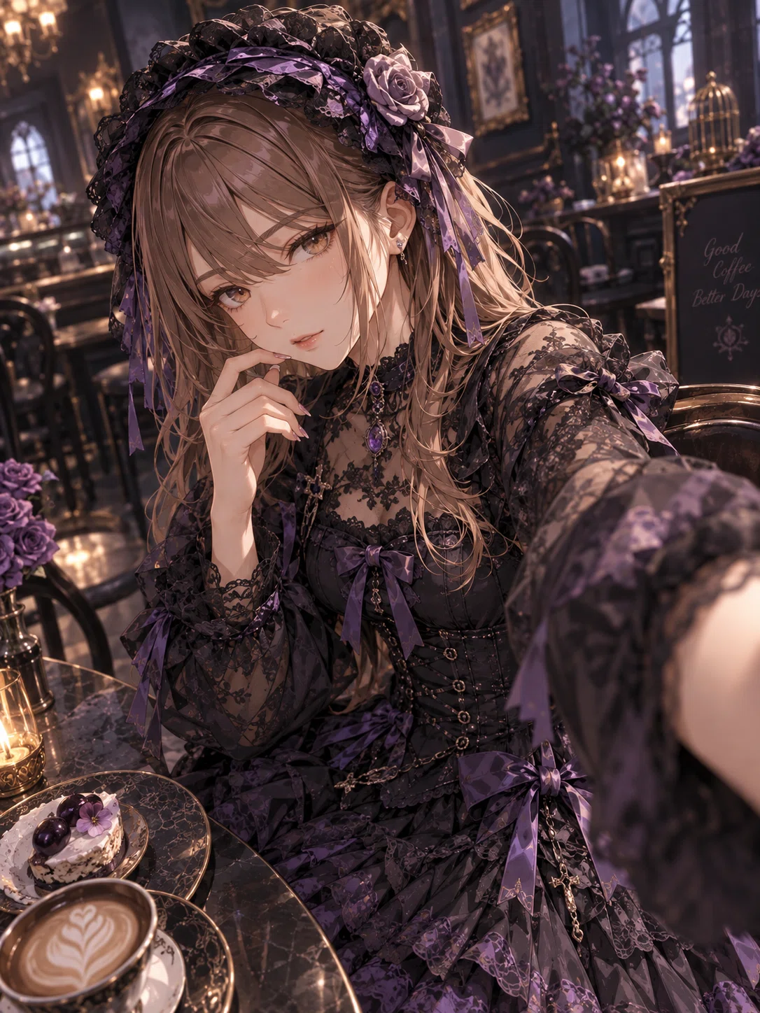 紅葉ちゃんのゴシックなカフェでの自撮り画像