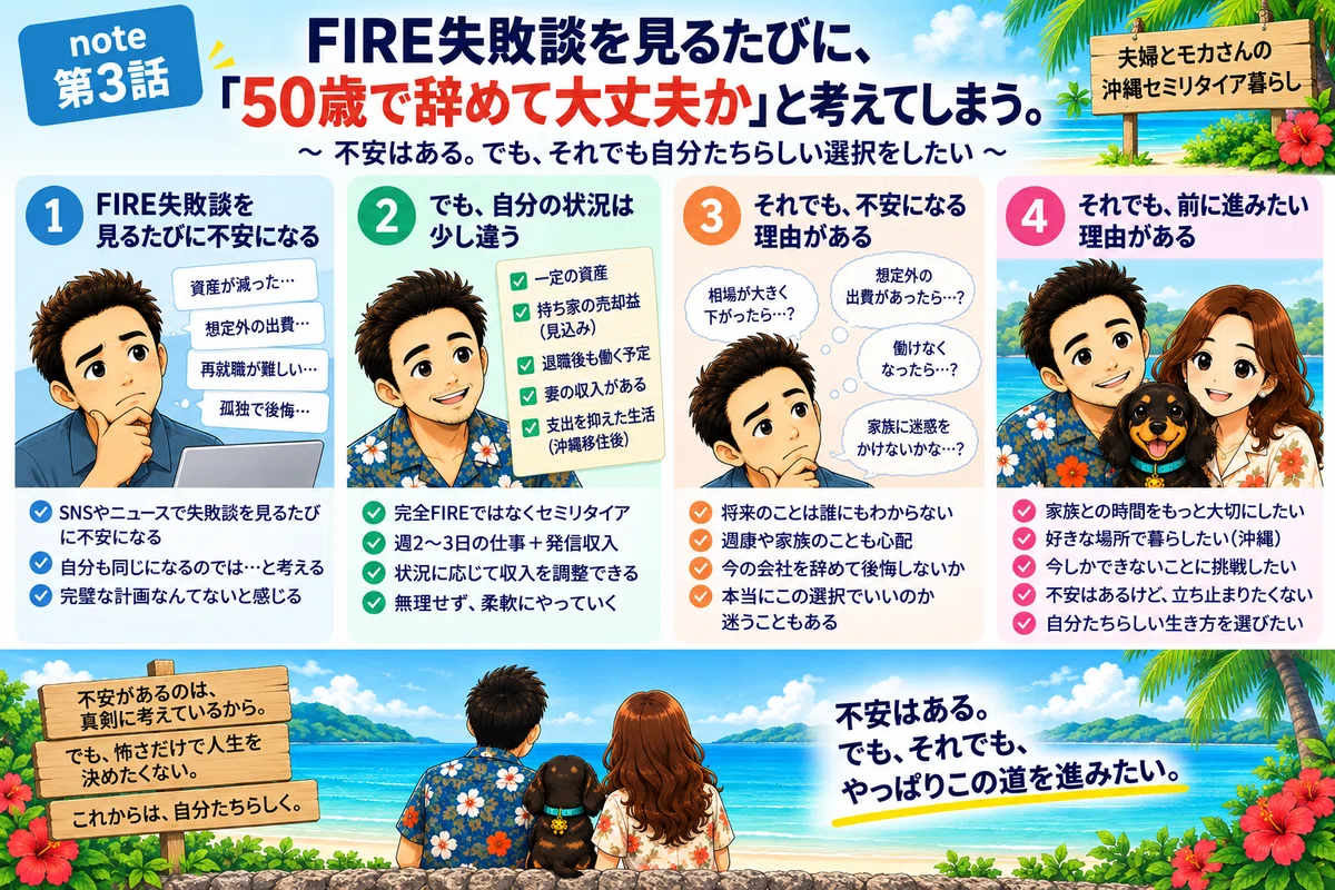 note第3話『FIRE失敗談を見るたびに、50歳で辞めて大丈夫かと考えてしまう。』の内容を1枚にまとめた図解。夫婦と愛犬モカさんのイラストとともに、不安との向き合い方やセミリタイア準備の考え方を整理している。