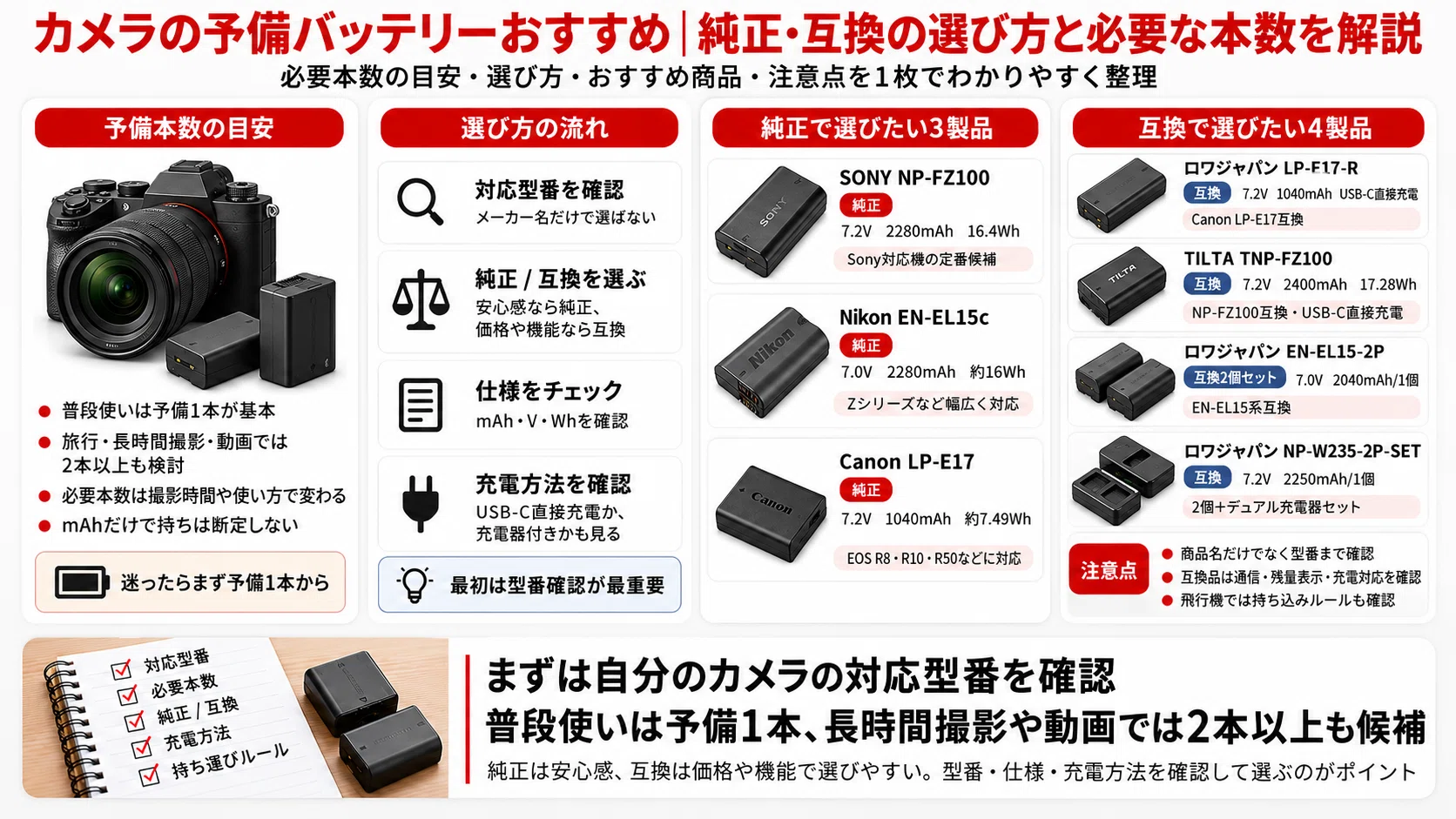 カメラの予備バッテリーおすすめ7選｜純正・互換の選び方と必要な本数