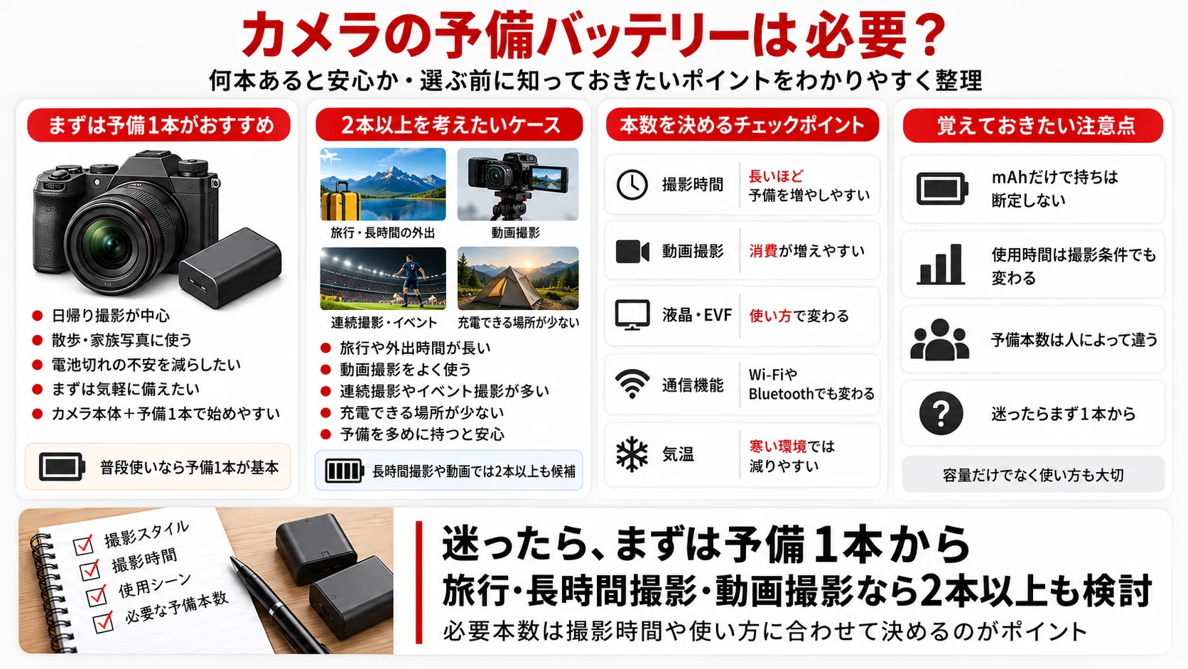 カメラの予備バッテリーおすすめ7選｜純正・互換の選び方と必要な本数