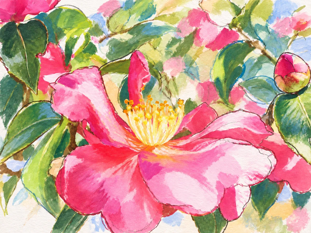 描き方解説GPT:02]源氏山公園の山茶花:アクリル画《デュフィ風》：GPT