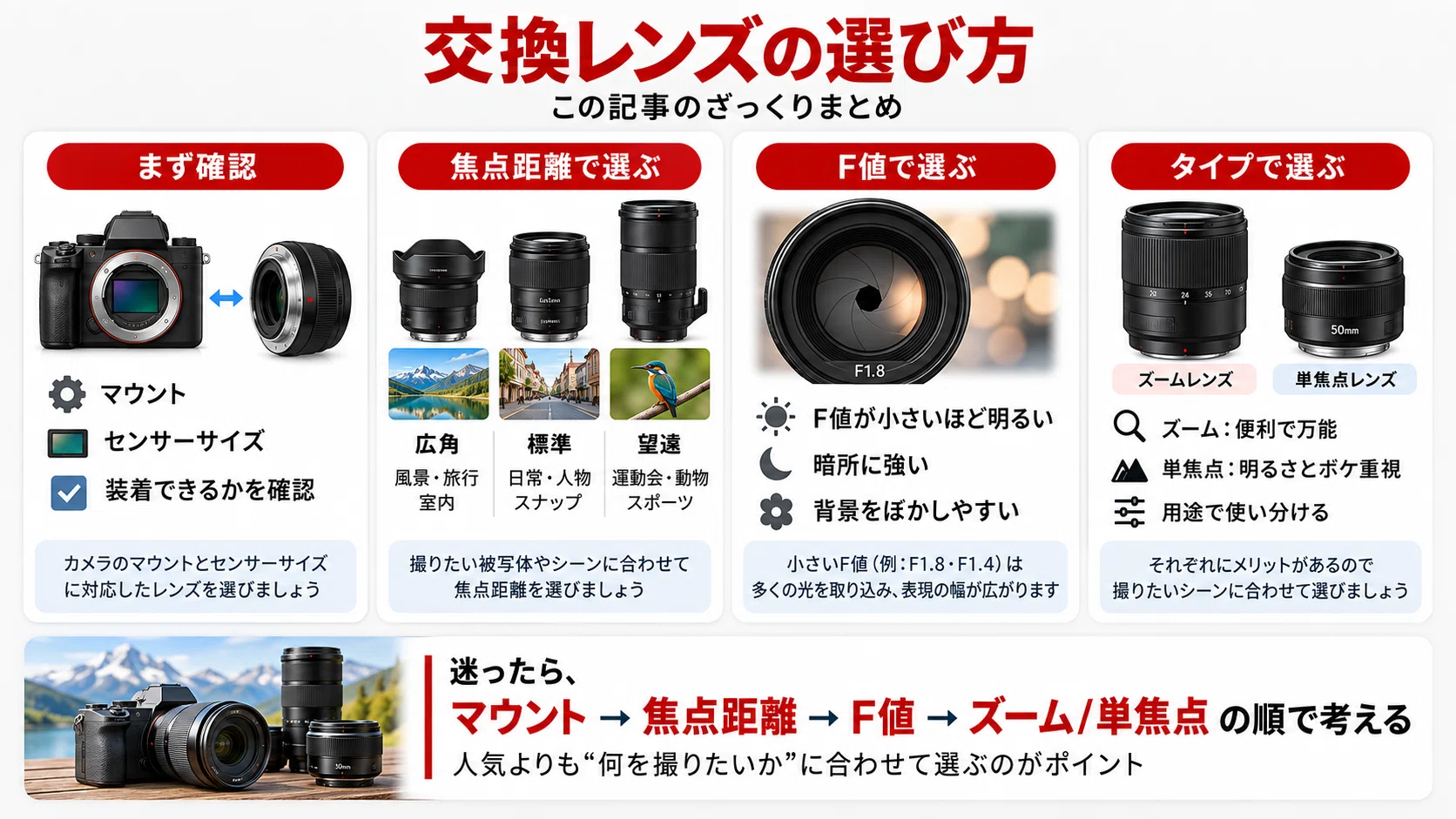 交換レンズの選び方を初心者向けに解説｜焦点距離・F値・マウントで