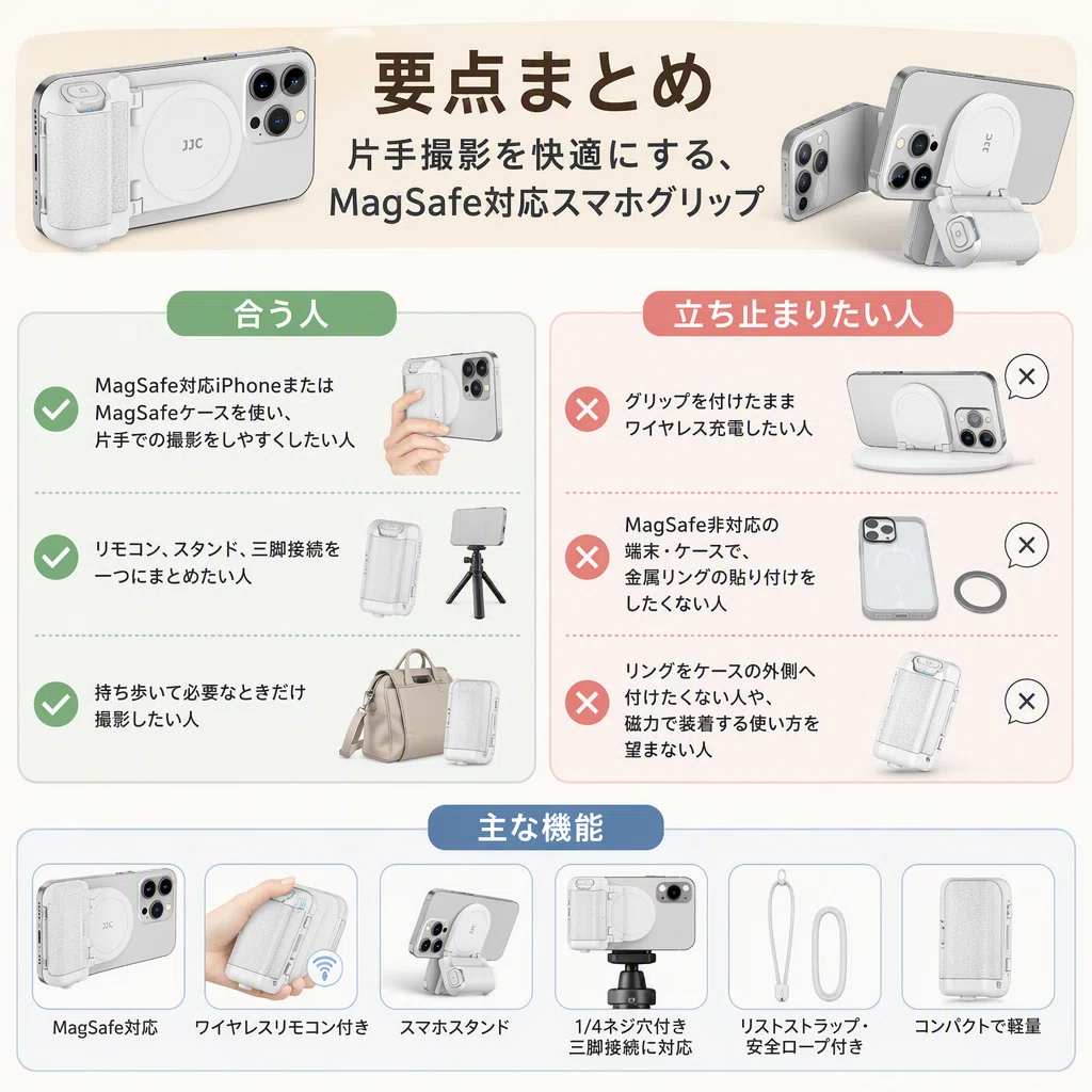 JJCのMagSafe対応スマホグリップは撮影に合う？リモコン・三脚穴と対応