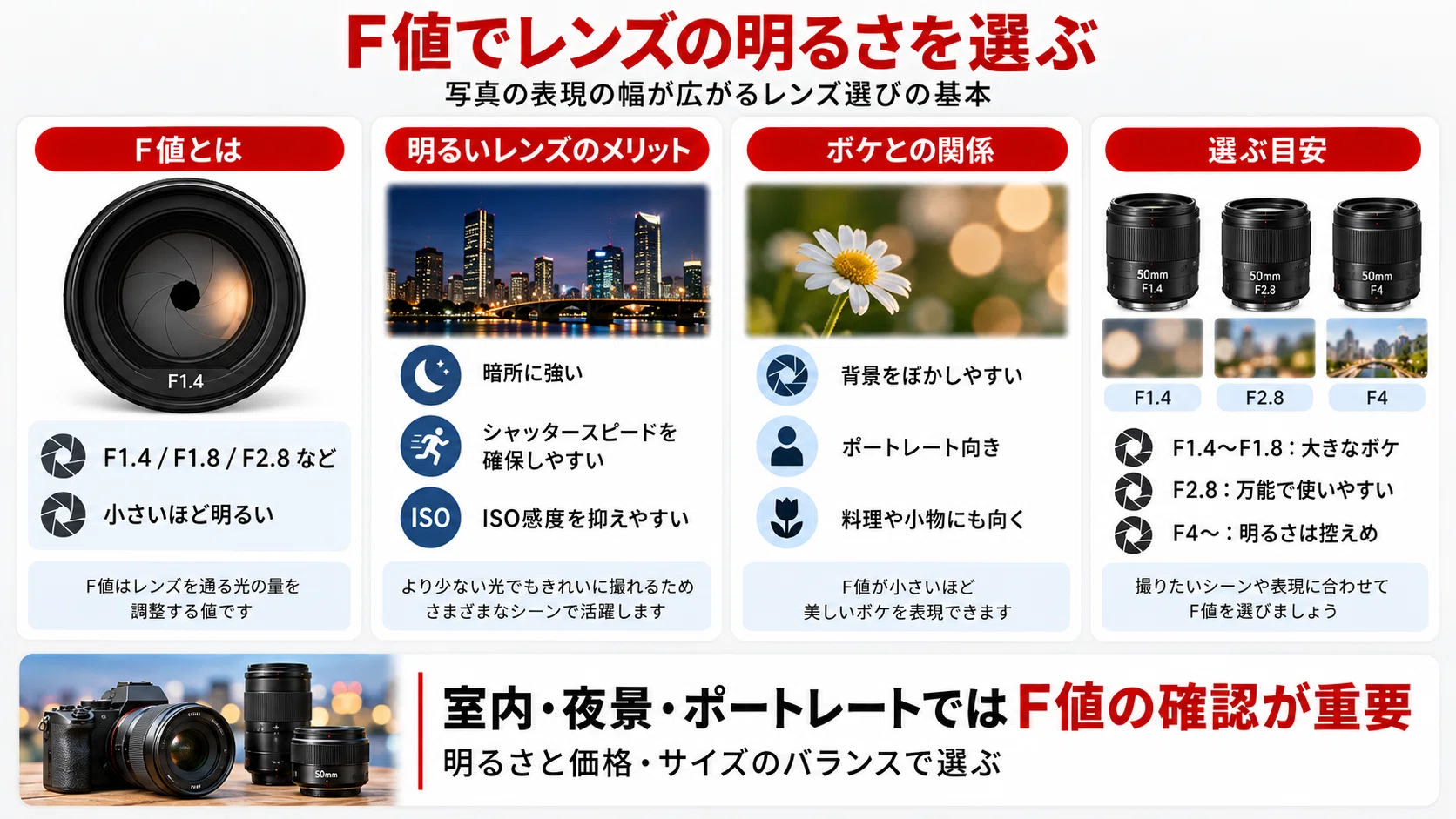 交換レンズの選び方を初心者向けに解説｜焦点距離・F値・マウントで