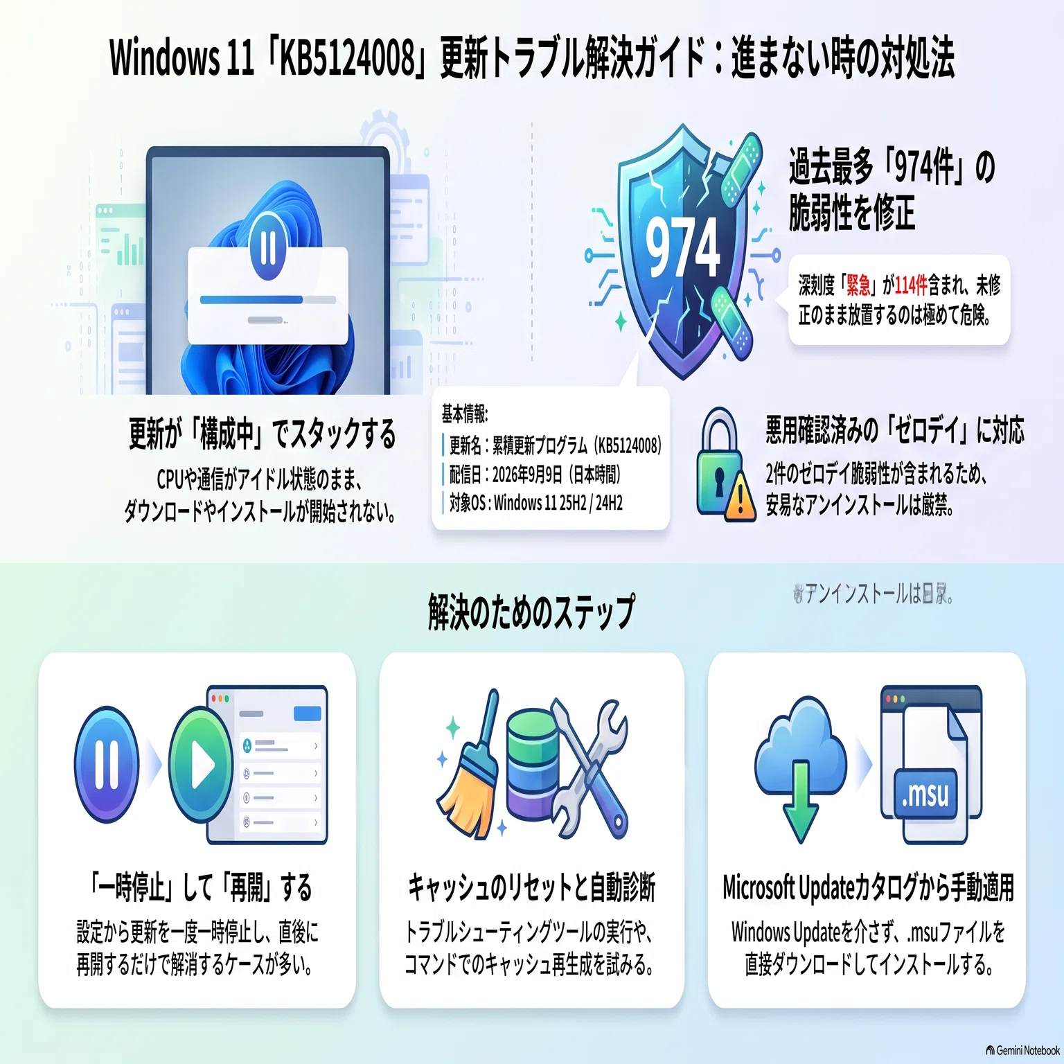 2026年9月続報】Windows 11「KB5124008」で更新が進まない？不具合の