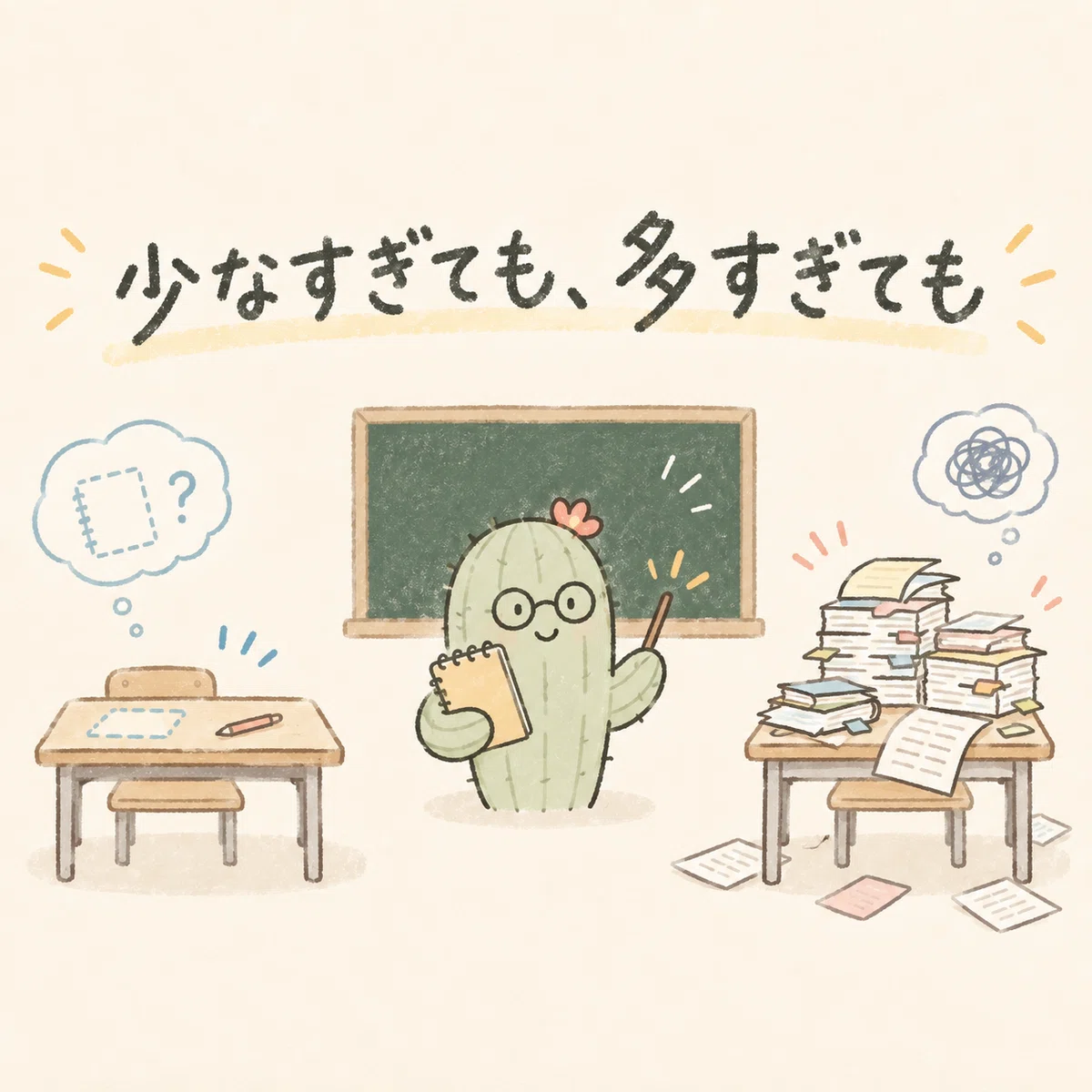 書類でいっぱいの机と、必要なメモだけ置いた机を比べるサボテン先生