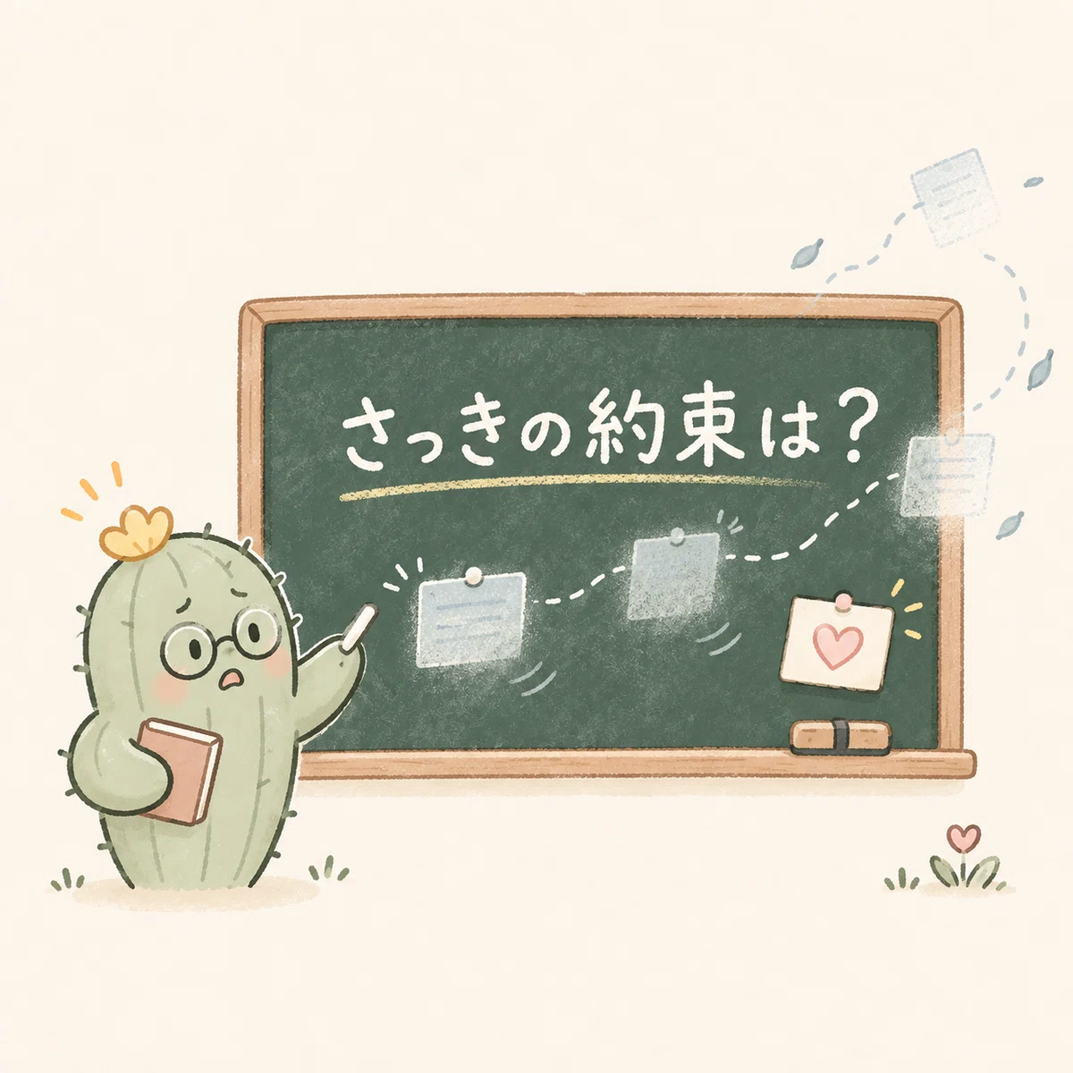 大事な約束が黒板から消え、困っているサボテン先生