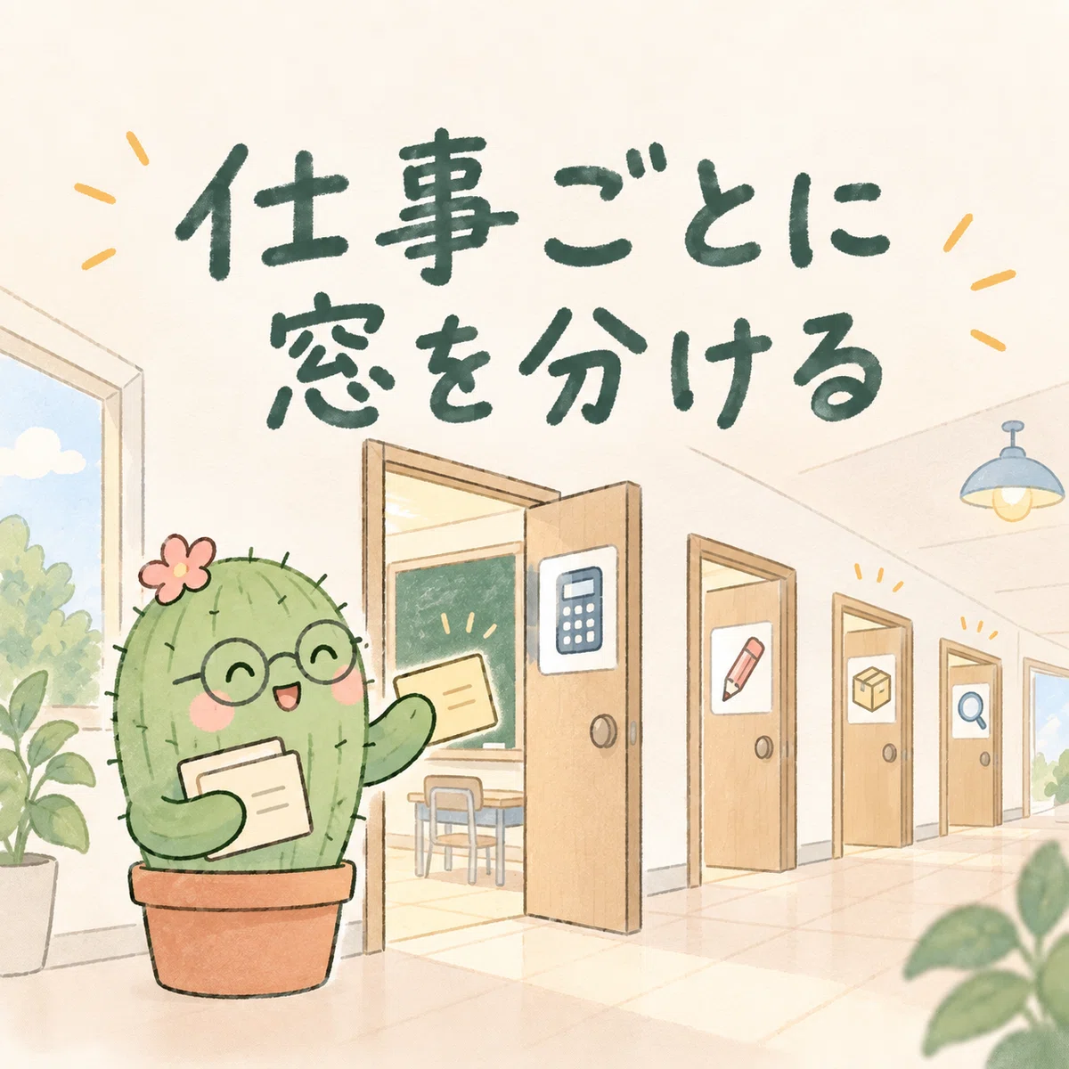 仕事ごとに分かれた小さな教室で、安心して作業するサボテン先生