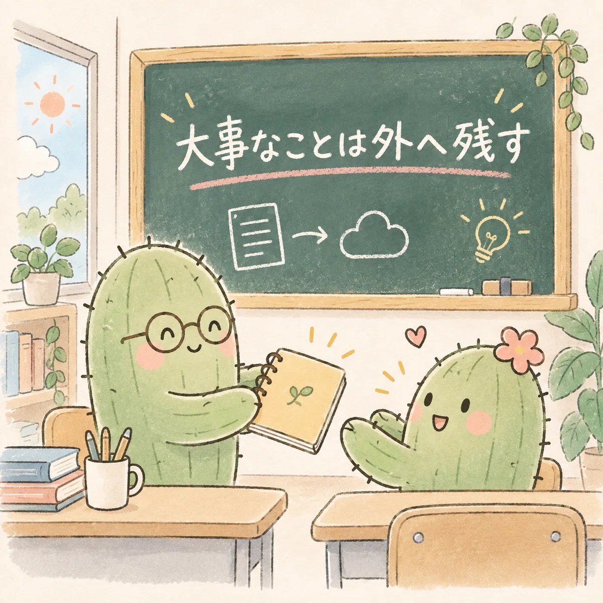 黒板の内容をノートへ書き残し、次の担当へ手渡すサボテン先生