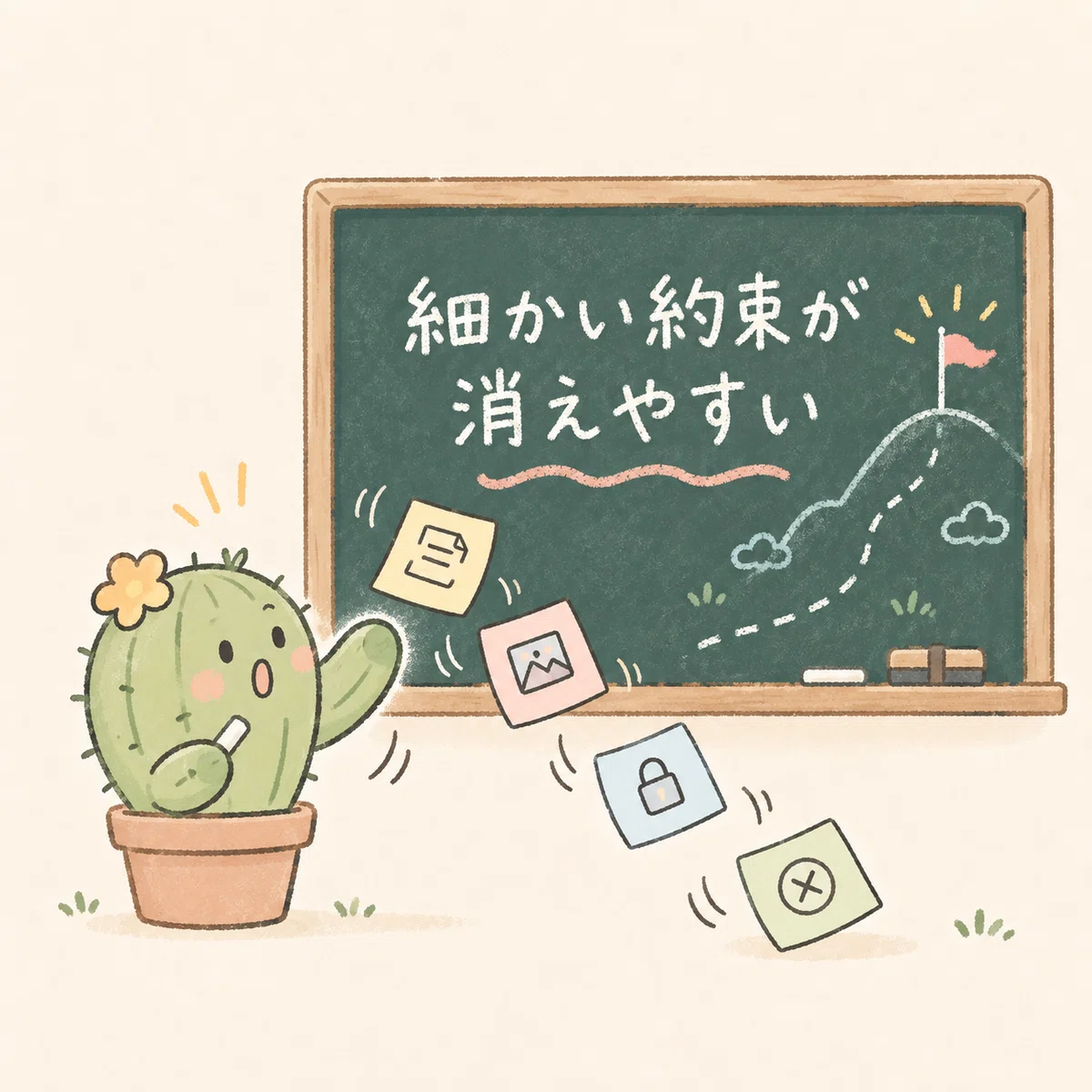 大きな目的は残っているのに、小さな約束の付箋が落ちていく場面