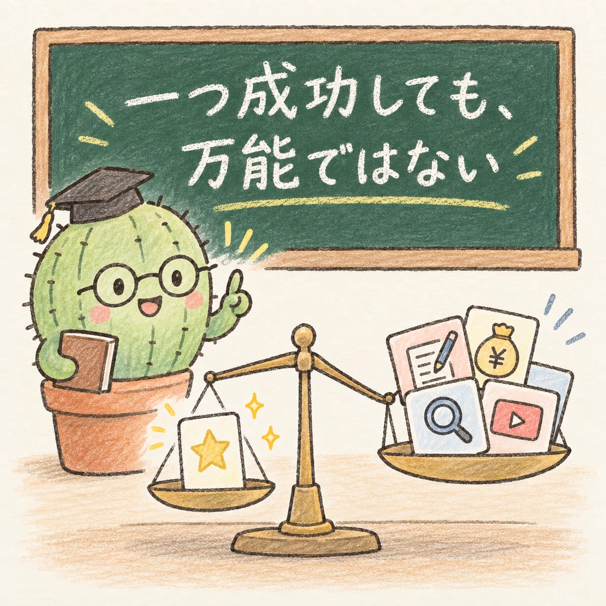 一つの成功例と万能の思い込みを、てんびんで比べるサボテン先生
