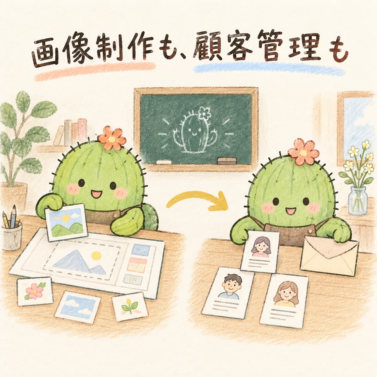 画像制作と顧客管理の二つの仕事に挑戦するサボテン先生