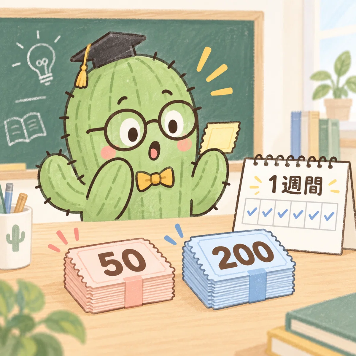 1週間分の50回と200回の回数券を数えるサボテン先生