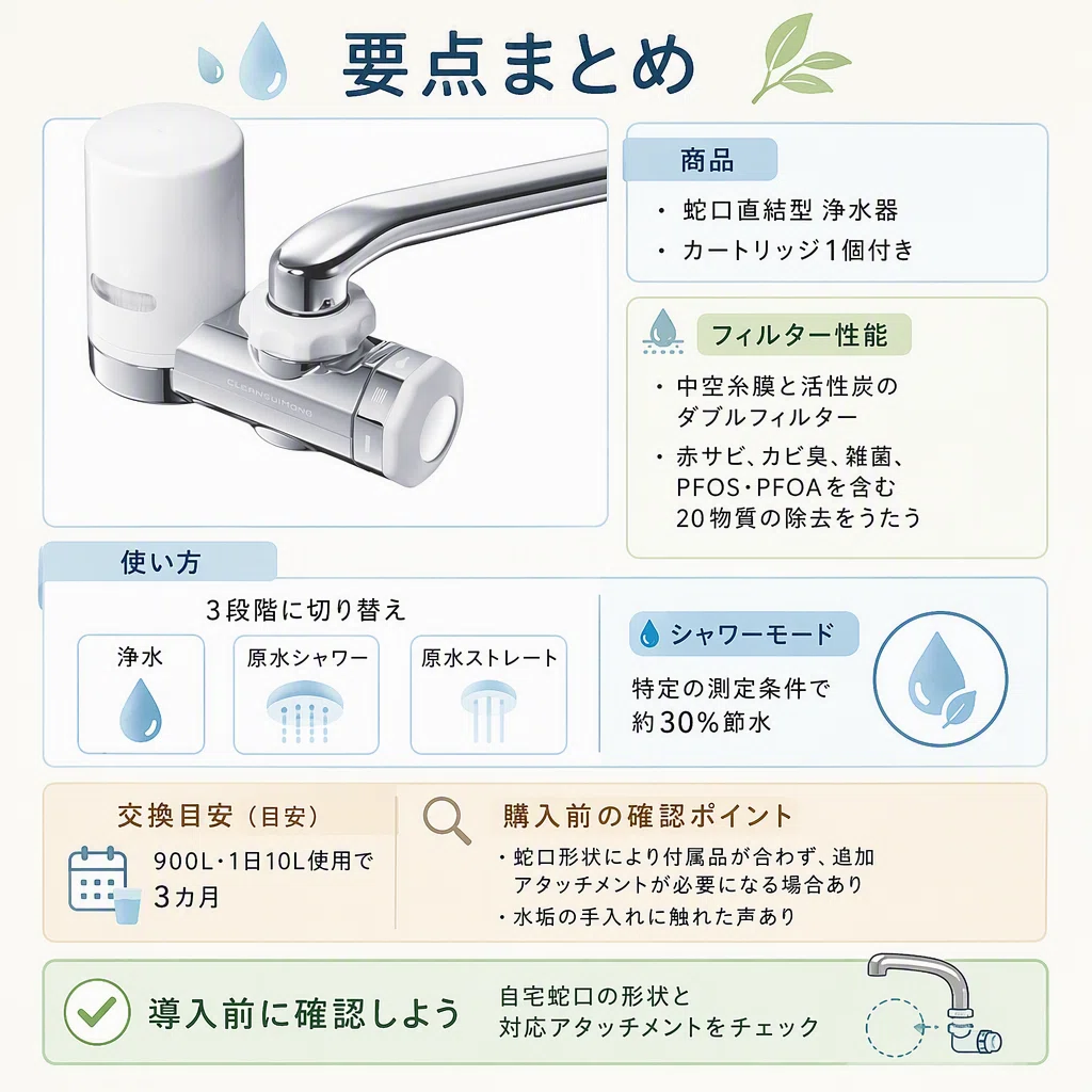 蛇口直結型浄水器の交換カートリッジは、対応機種とろ過仕様で選ぶ