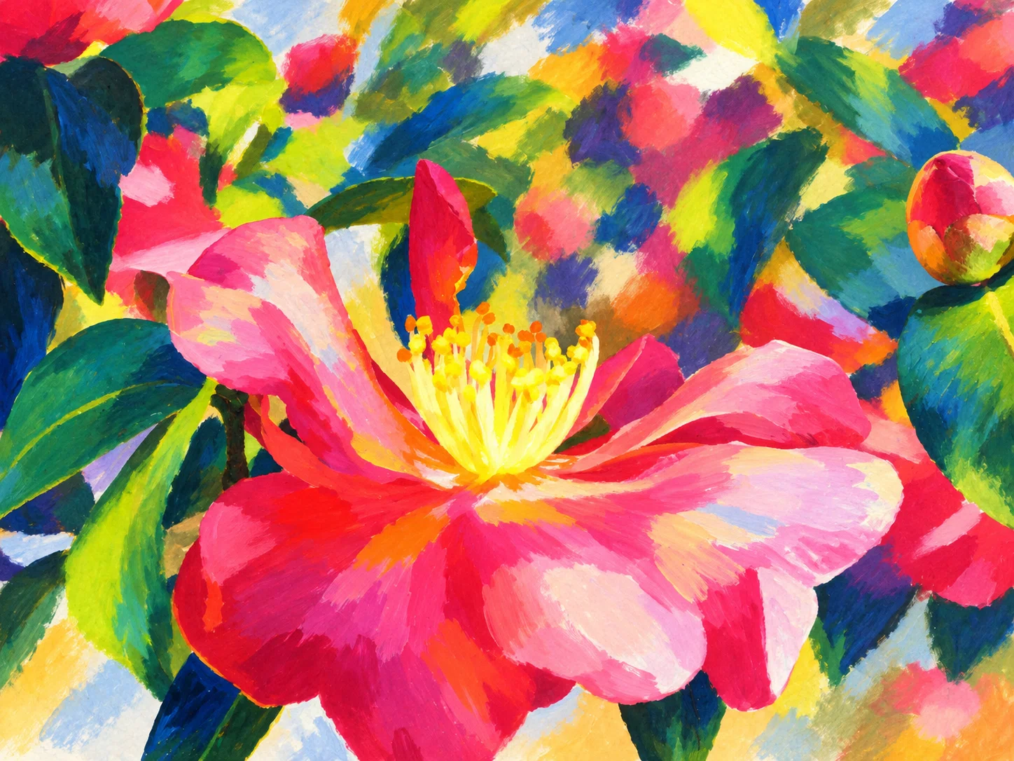 描き方解説GPT:03]源氏山公園の山茶花:アクリル画《フォービズム風