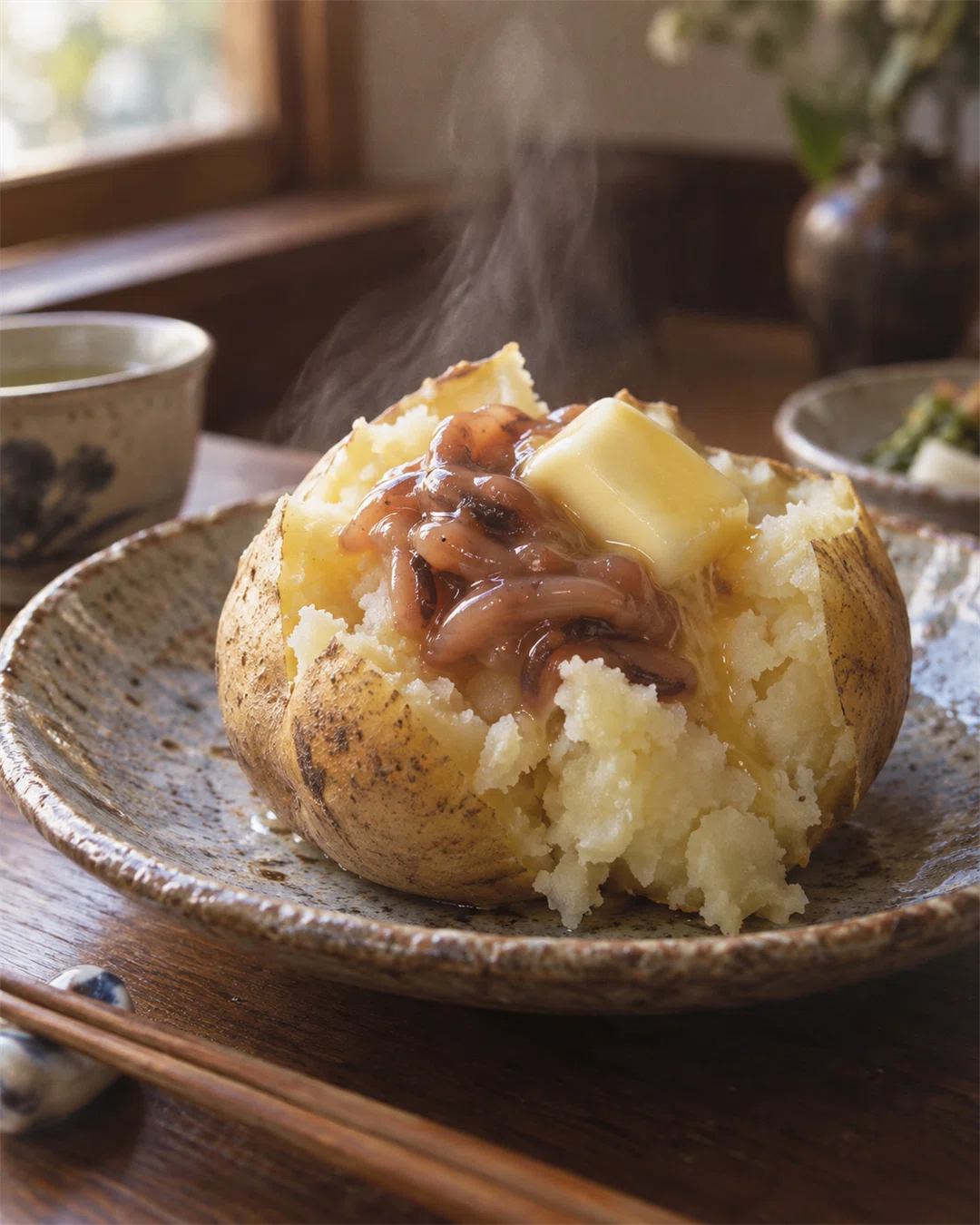 塩辛とバターをのせた蒸しじゃがいも。日本酒にも合う、塩気をまろやかに楽しむ晩酌おつまみ