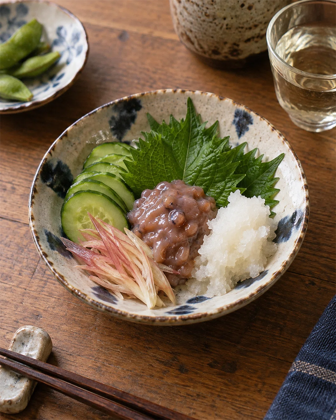 酒盗にきゅうり、みょうが、青じそ、大根おろしを添えた小皿。日本酒の晩酌を軽やかにする珍味