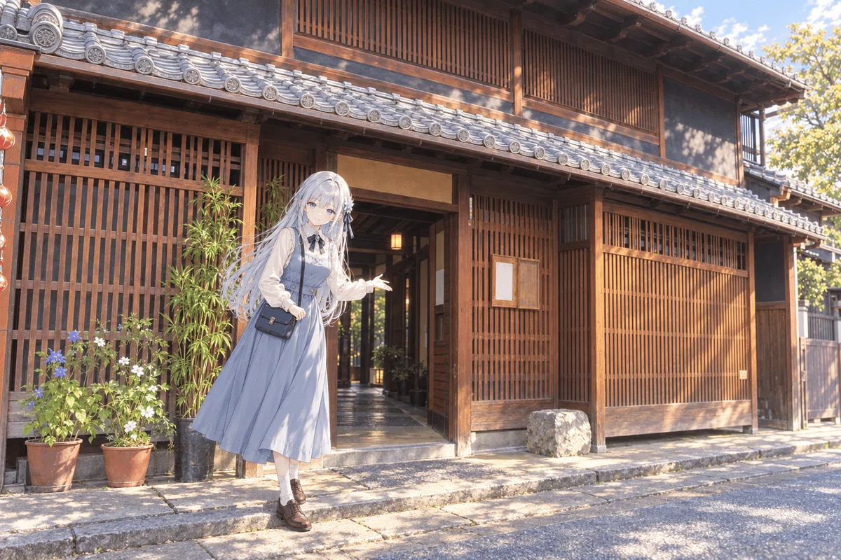 奈良町にぎわいの家をモデルにした入口で、読者を誘うツムギ。