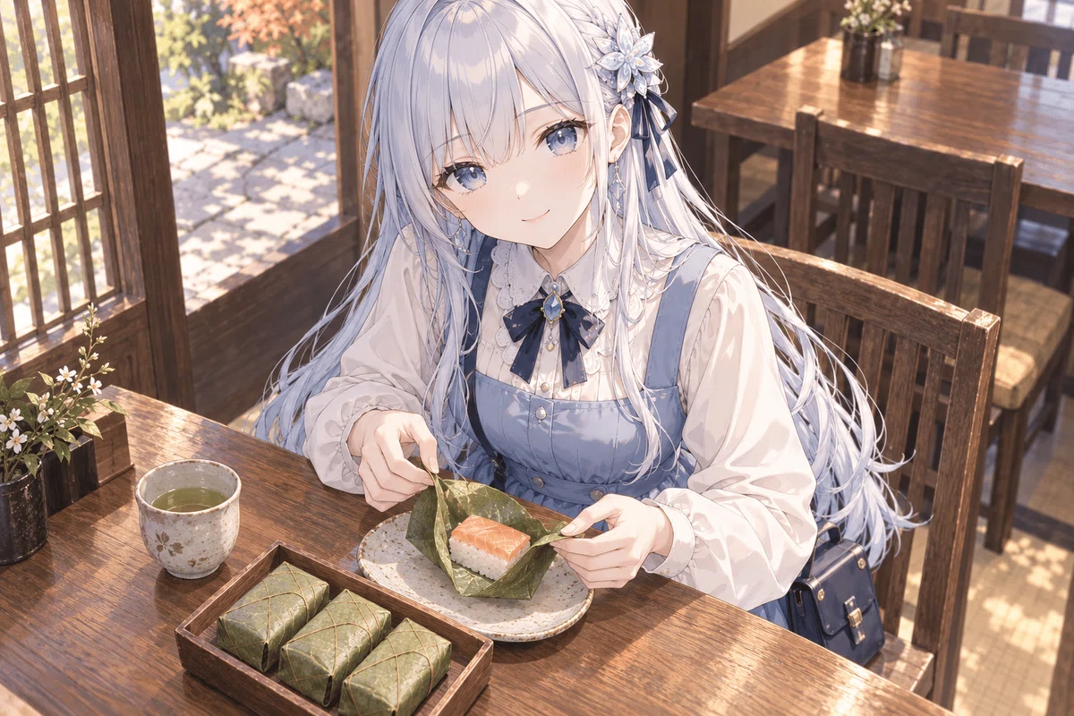 架空の飲食店で柿の葉寿司の葉を開くツムギ。