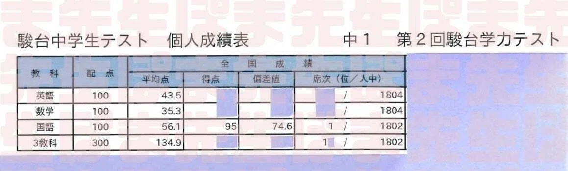 駿台模試 全国1位！！！ （塾なし 国語 日本一 駿台中学生テスト 偏差